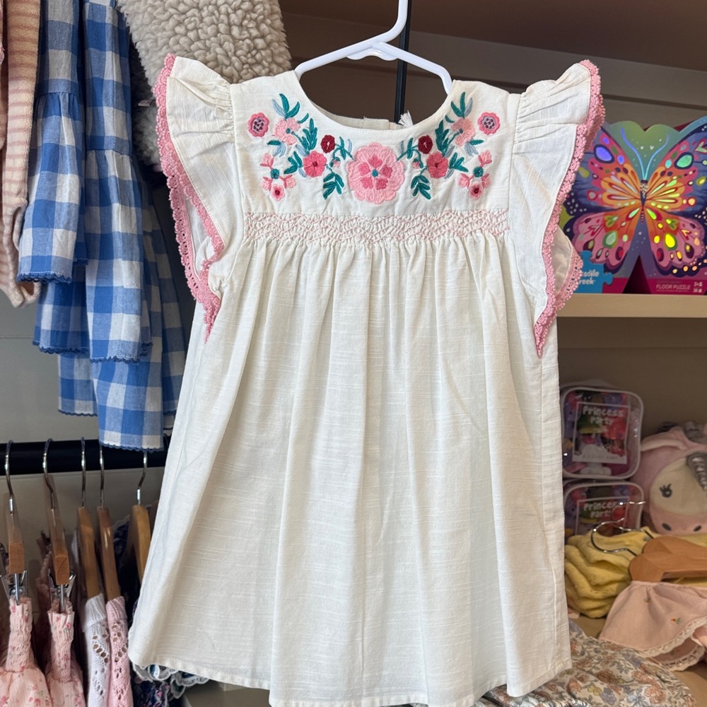 Cream Embroidered Flutter-Sleeve Dress with Pink Floral Detail